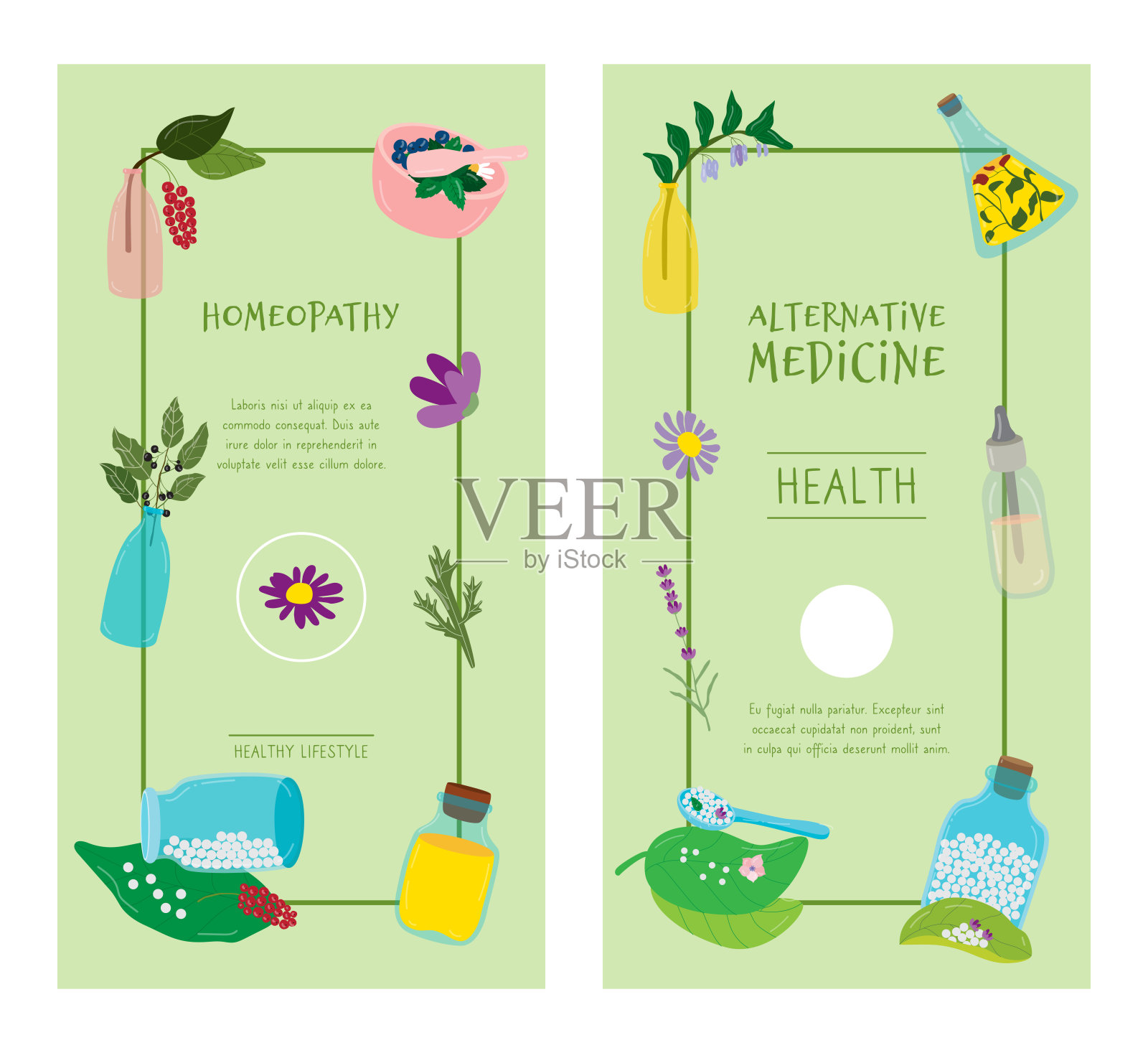 色彩丰富，顺势疗法，无缝模式，明亮的医疗背景设置不同的元素，设计，平面风格矢量插图。设计元素图片