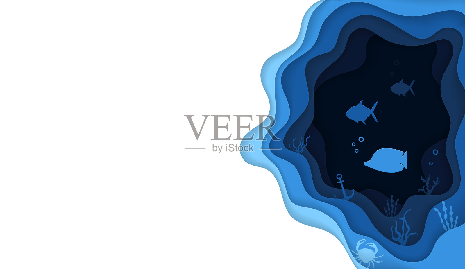 剪纸鱼在海洋折纸风格海与插画图片素材