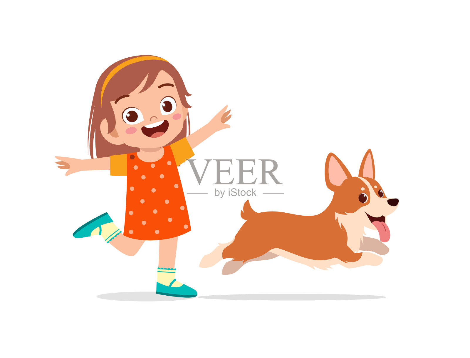 快乐可爱的小孩男孩女孩玩宠物狗插画图片素材