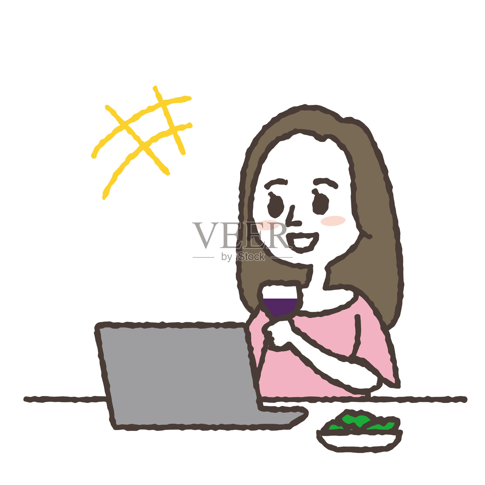 画的是一个年轻女子在网上开喝酒派对。插画图片素材