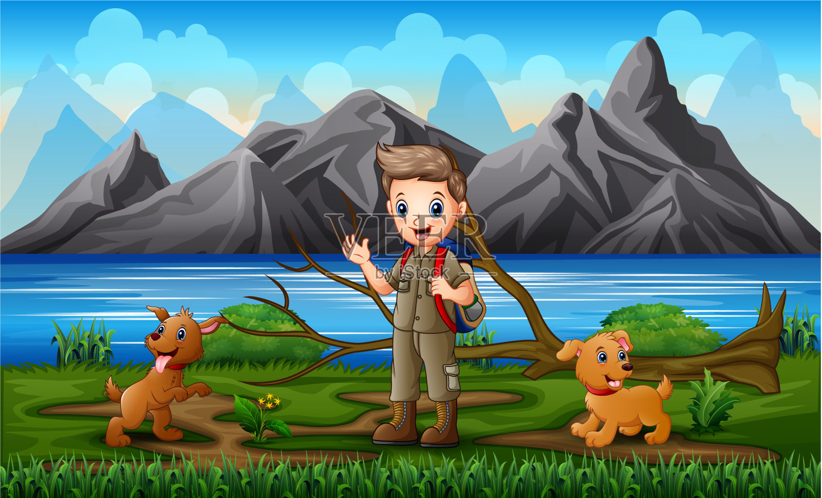 快乐的男孩和两只狗在河边插画图片素材