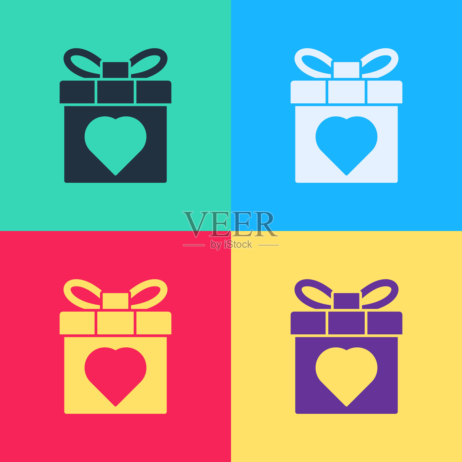 波普艺术礼盒和心形图标孤立在颜色上插画图片素材