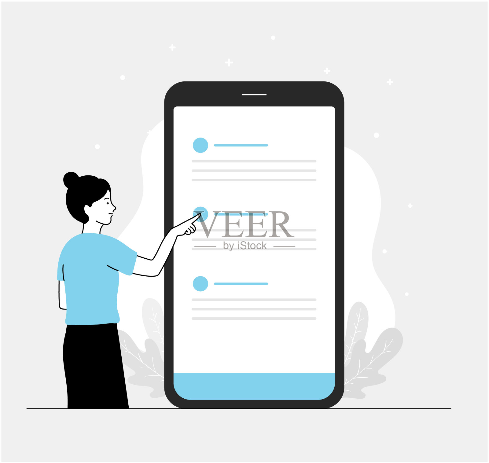 女人正站在大的智能手机旁边使用智能手机。年轻女子看待办事项清单。女性和大手机。简单的最小的风格。平面矢量线插图孤立。插画图片素材