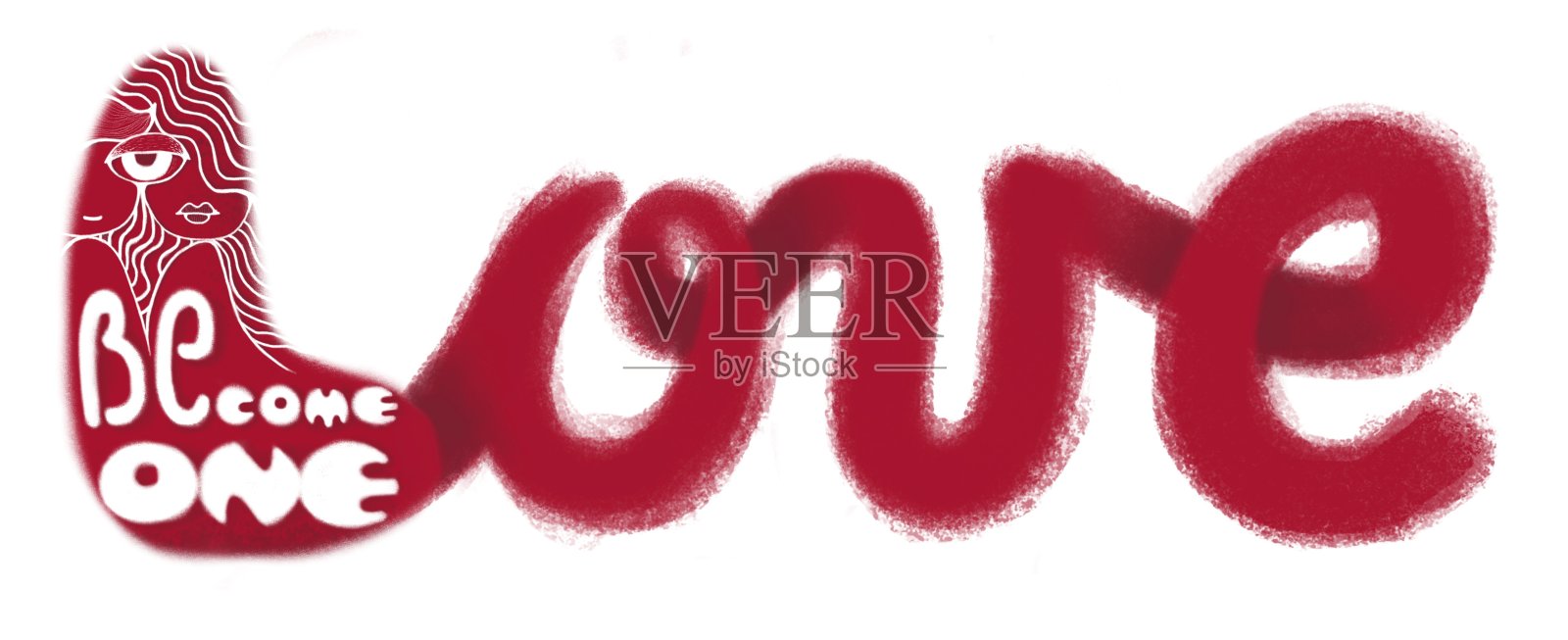 手写红色爱字与短语成为一个。刻字插图的情人节印刷品，婚礼卡片，邀请，爱情海报。在白色孤立的背景上相爱的夫妇。庆祝。插画图片素材