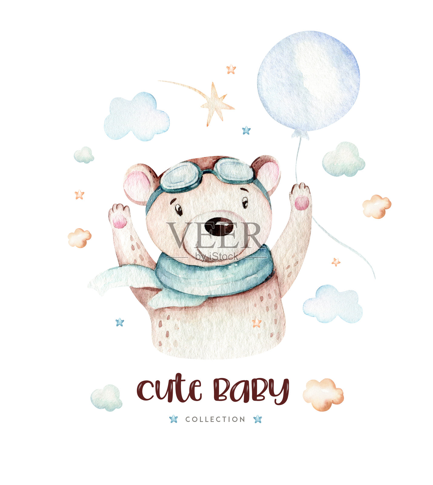 水彩画宝宝卡通可爱的飞行员航空背景插图花哨的天空运输完成与飞机，气球，云彩。幼稚的男孩模式。这是婴儿派对的插图插画图片素材