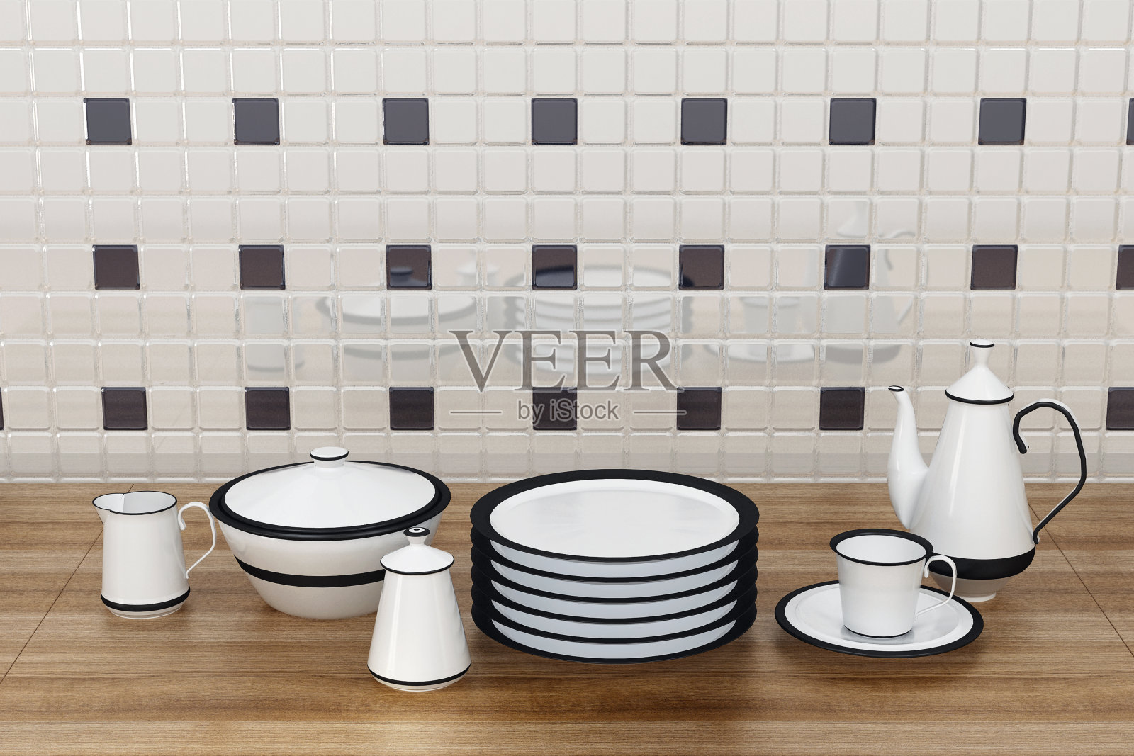 厨房台面，厨房餐具，厨房准备桌的室内设计概念图像。复古马赛克瓷砖厨房墙壁。三维演示照片摄影图片