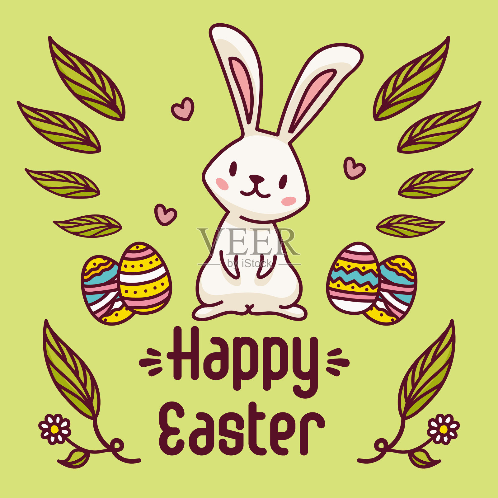 好奇的小白兔，带着蛋和树叶插画图片素材
