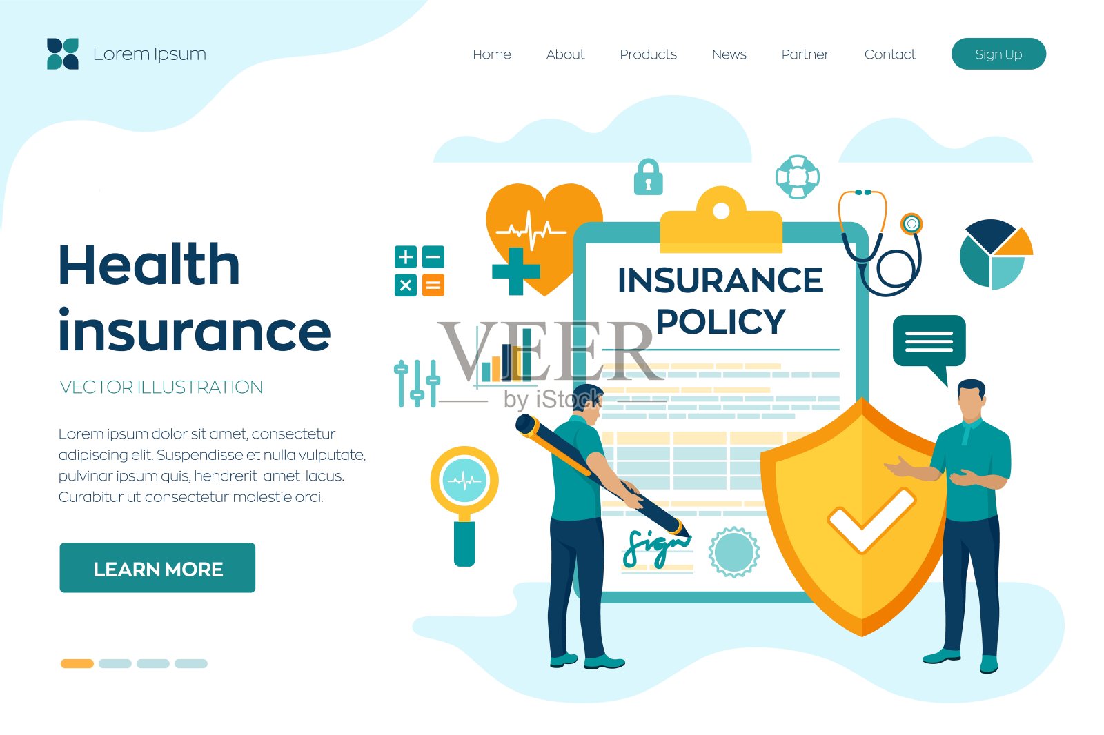 健康保险的概念。医疗保健、金融和医疗服务。签署政策形式。保护健康。保健医疗。彩色的平面风格矢量插图与字符和图标。插画图片素材