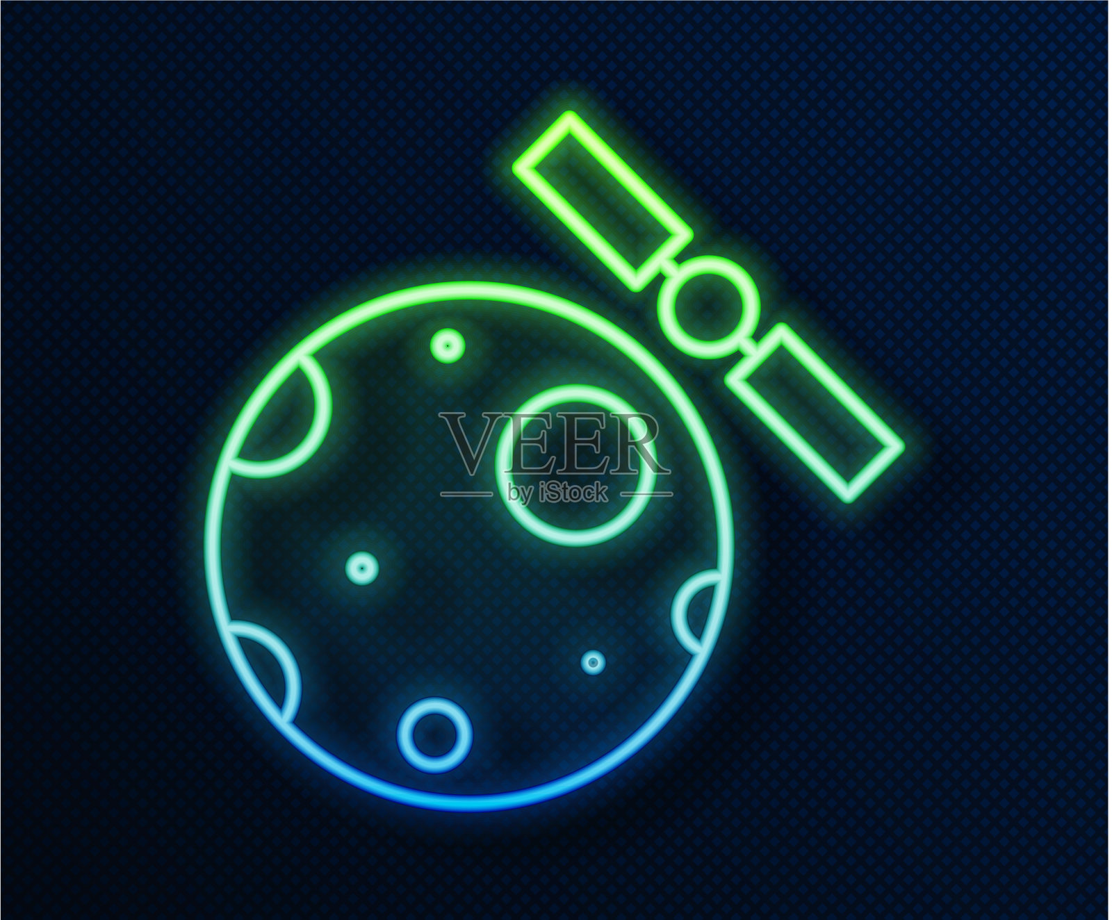 环绕轨道运行的发光氖线人造卫星插画图片素材