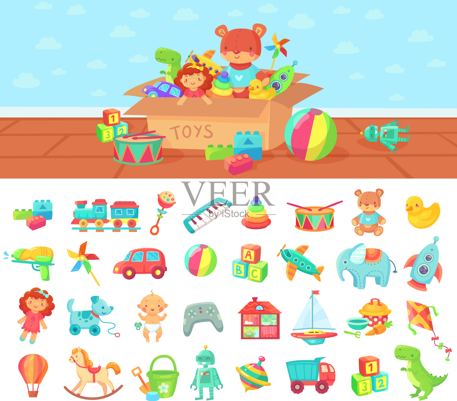 卡通玩具设置儿童玩积木和插画图片素材