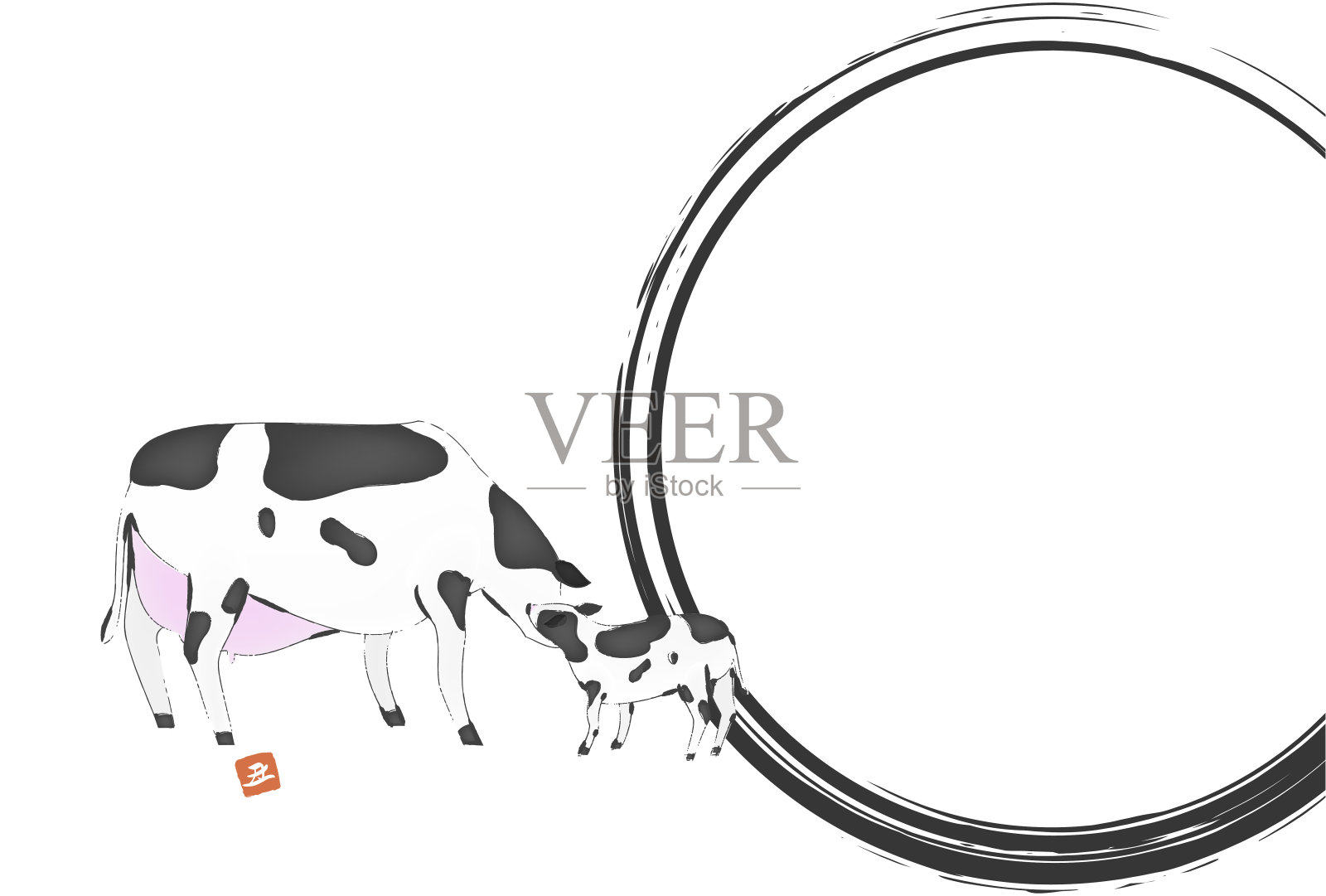 新年贺卡明信片模板:2021年的毛笔牛插画图片素材