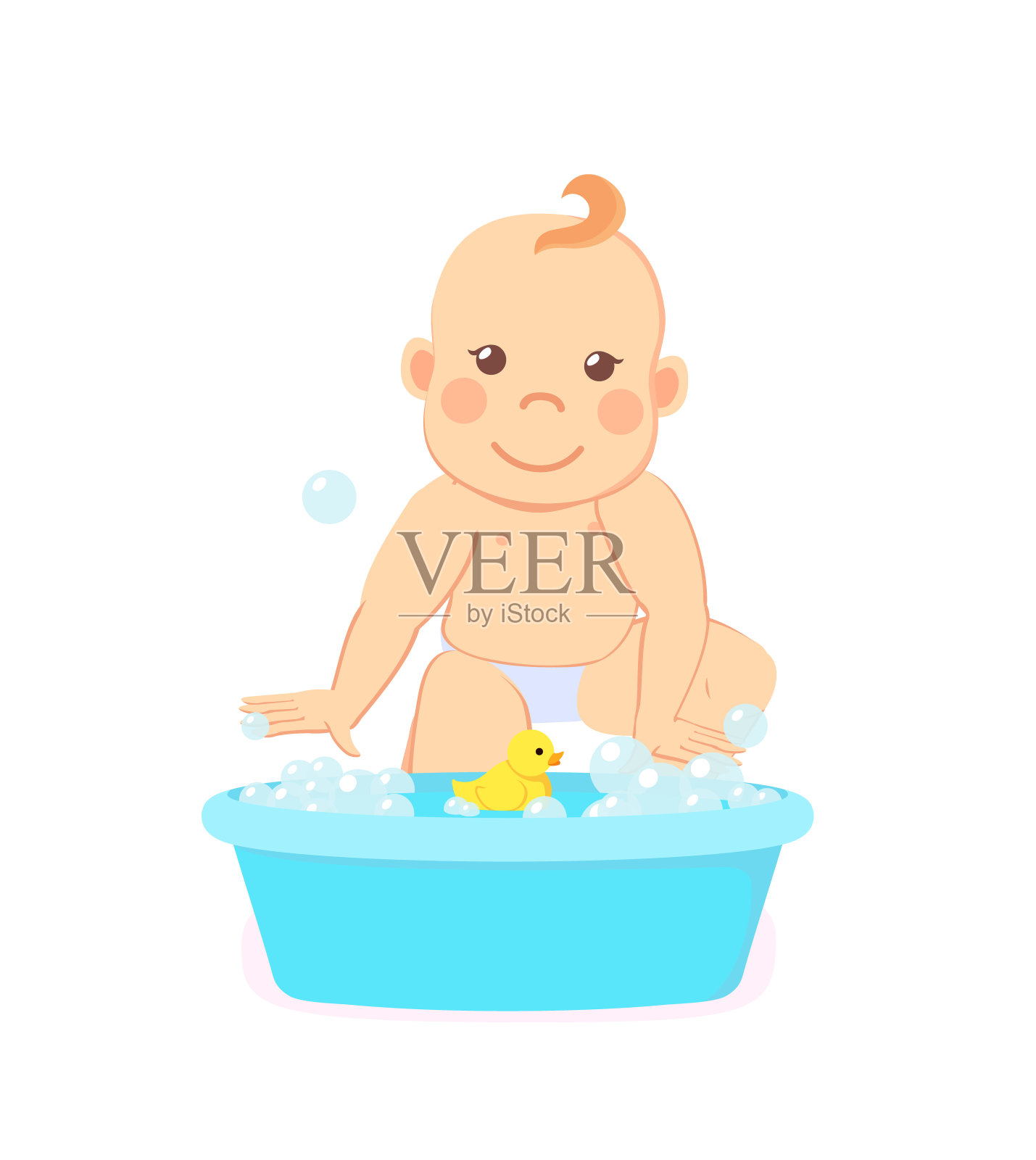 婴儿沐浴在盆与水隔离的儿童插画图片素材