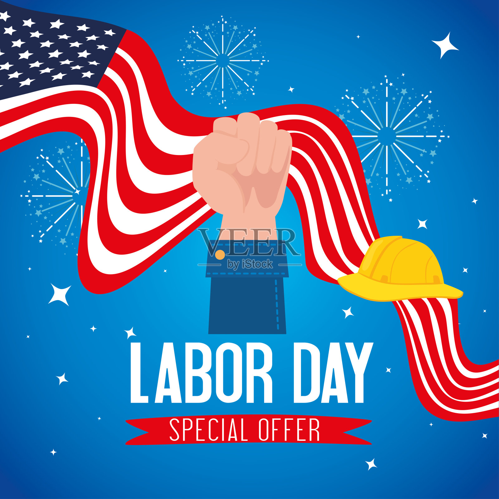 劳动节快乐，手横幅和美国国旗设计模板素材