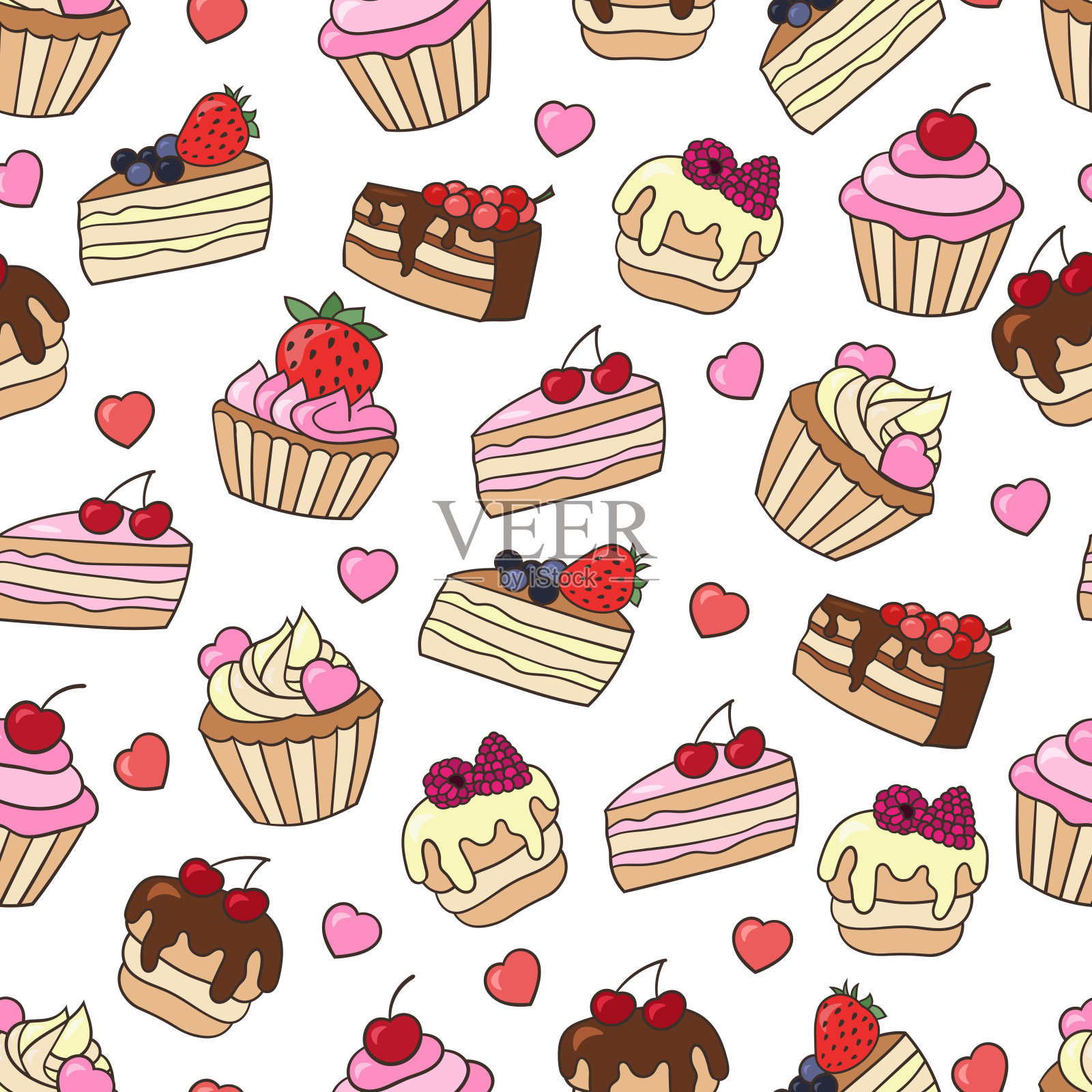 无缝模式与一套甜蛋糕与浆果插画图片素材