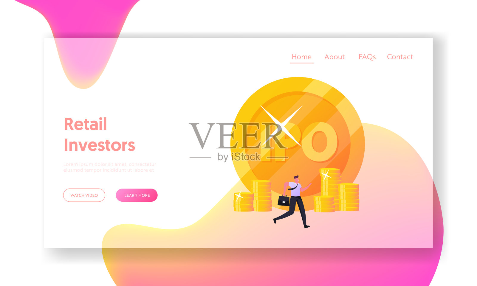 首次公开发行登陆页面模板。小商人男性角色或交易者通过巨大的货币IPO插画图片素材