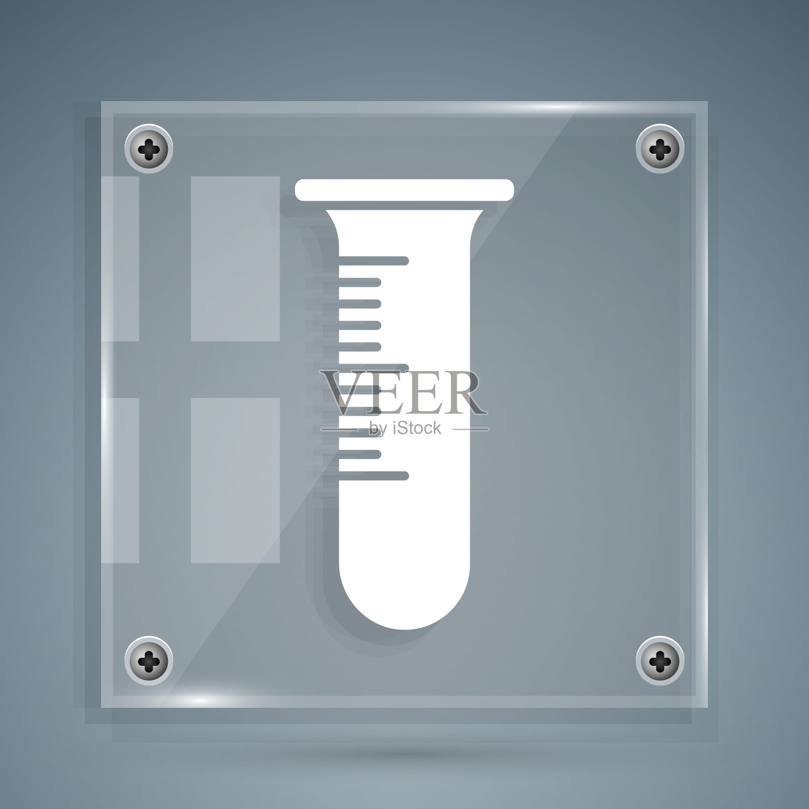 白色试管和烧瓶图标孤立在灰色背景。化学实验室测试。实验室玻璃器皿。方形玻璃面板。矢量图插画图片素材