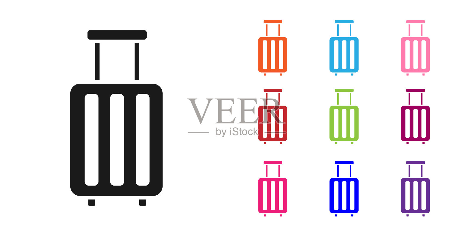 黑色旅行箱旅行图标孤立在白色背景。旅行的行李的迹象。旅行的行李图标。设置图标丰富多彩。矢量图图标素材