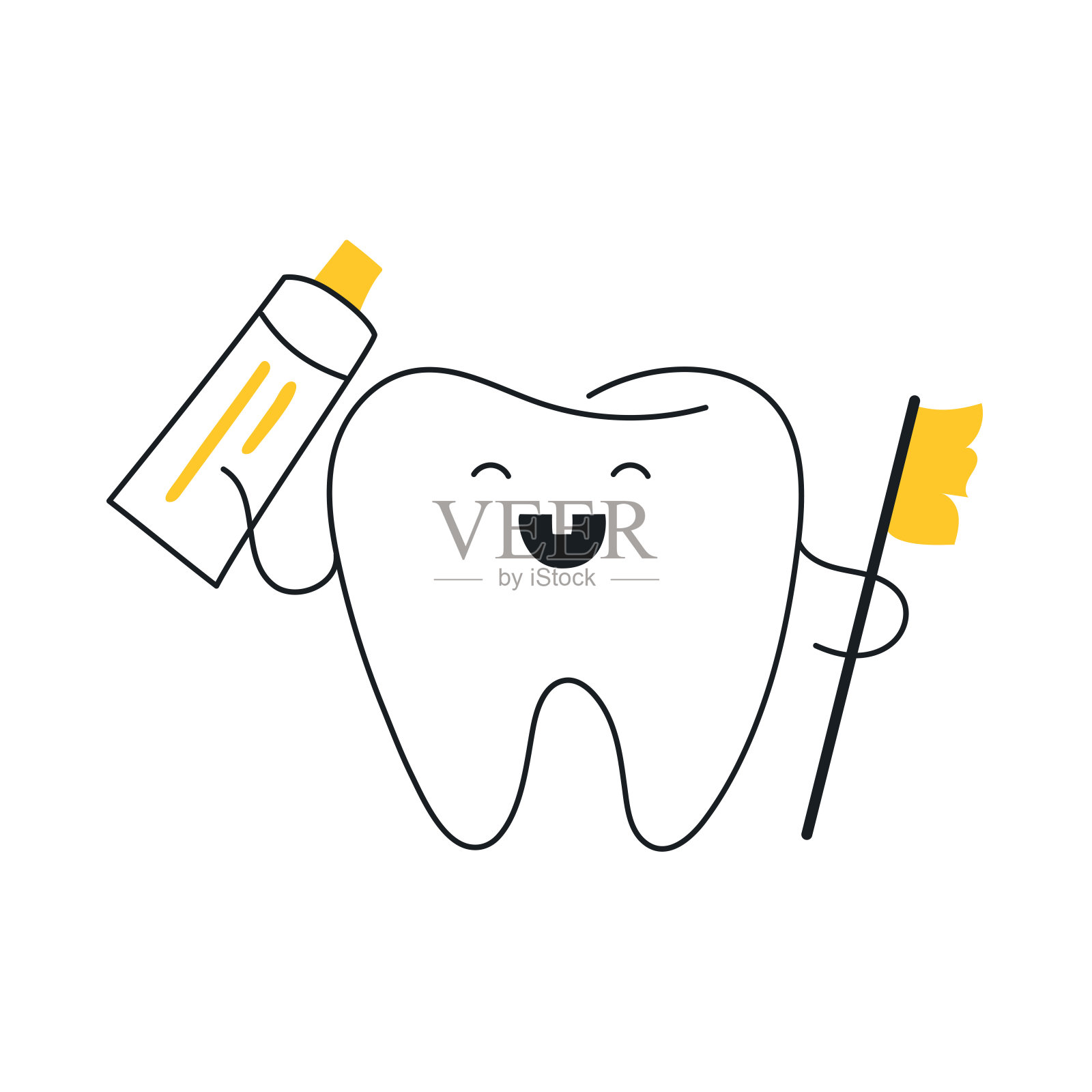 可爱的卡通牙齿拿着牙刷和牙膏的载体插画图片素材