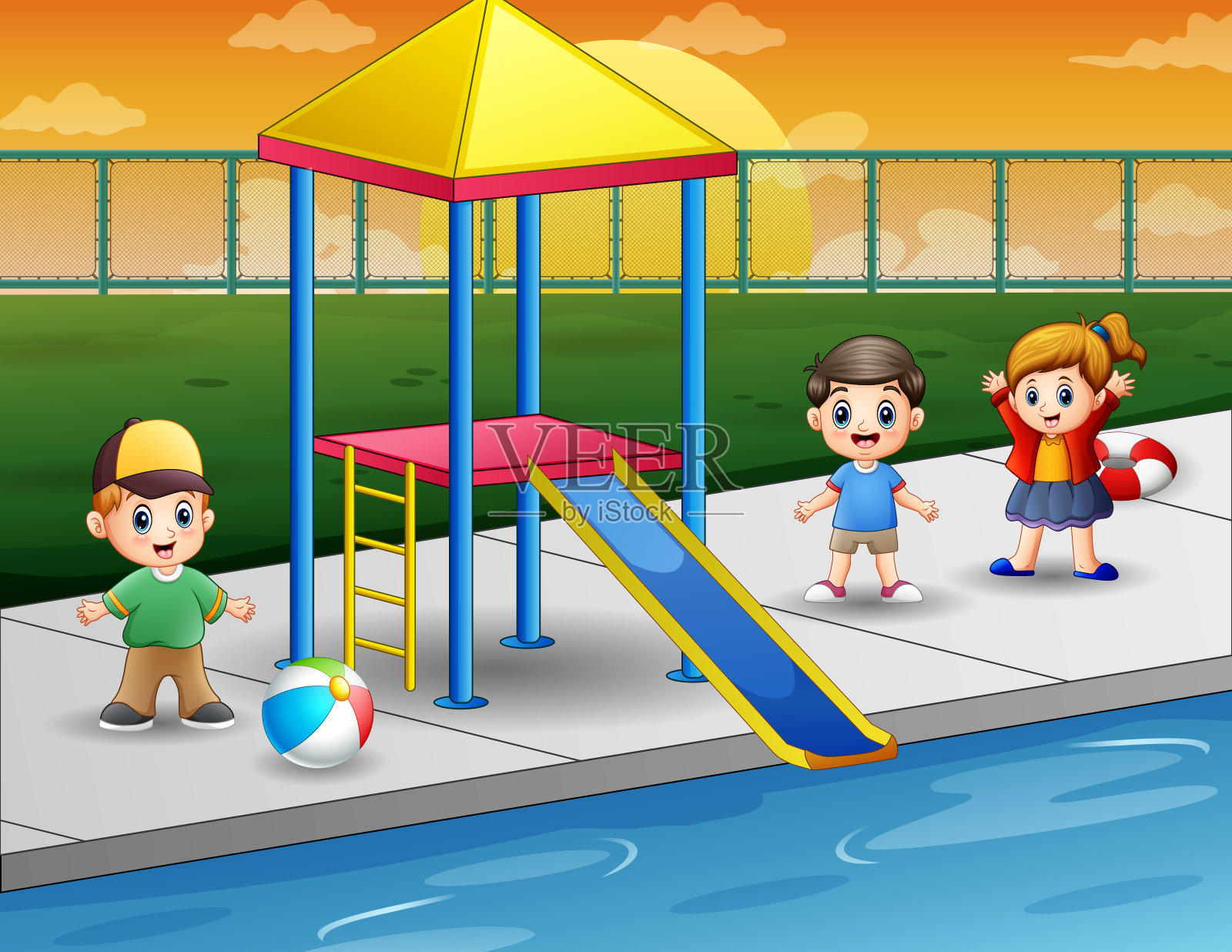 孩子们在室外游泳池里玩耍插画图片素材