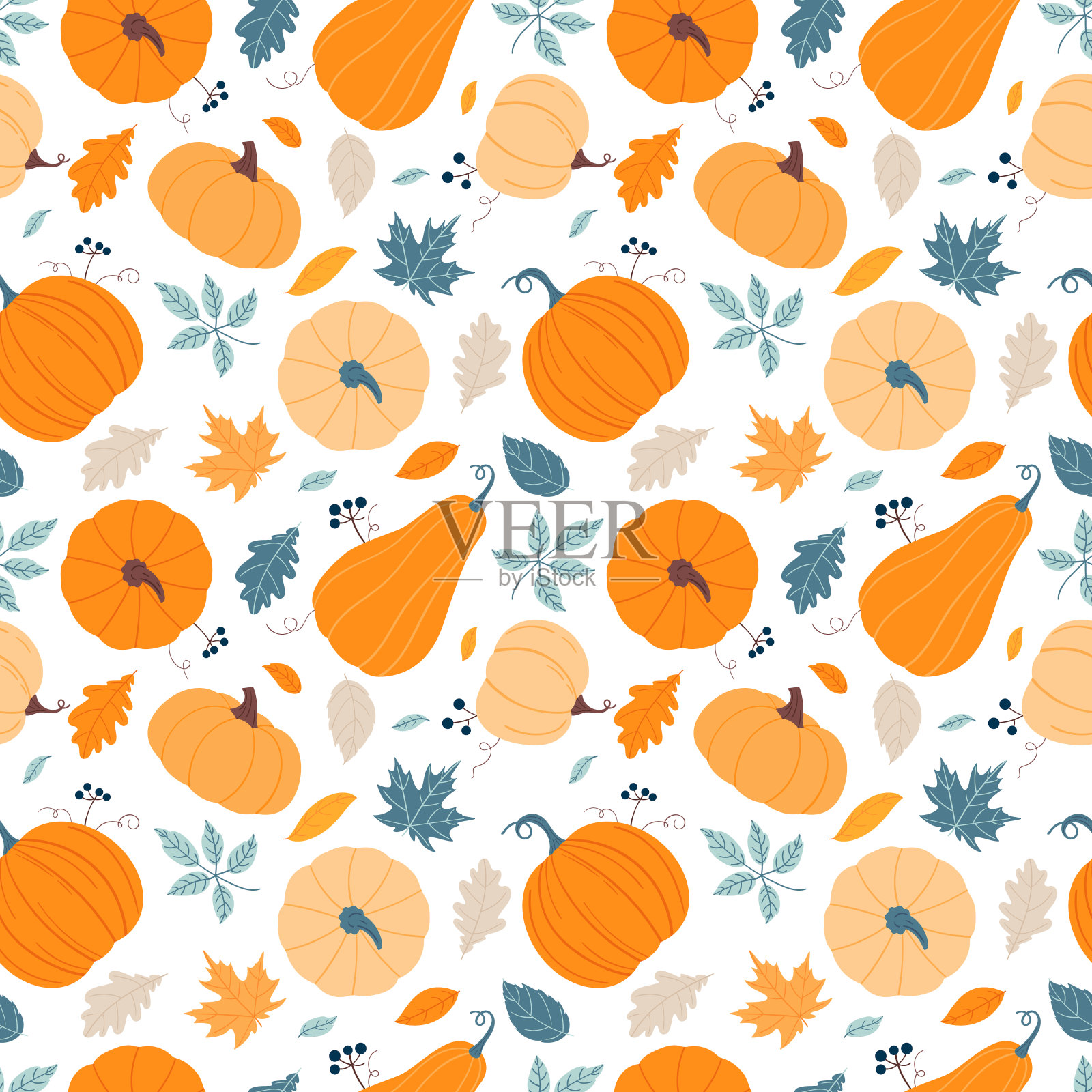 无缝图案与手绘南瓜和树叶。为感恩节设计。插画图片素材