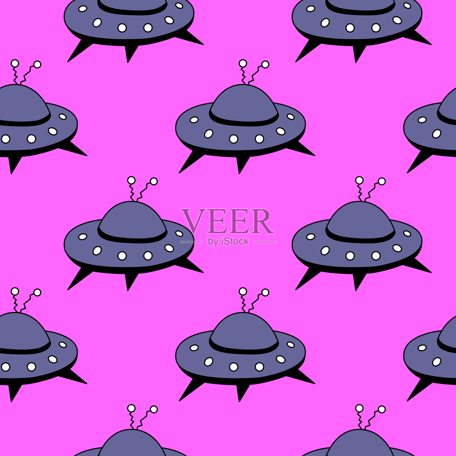 无缝模式与飞碟，不明飞行物。矢量背景和纹理的织物，包装，墙纸，纺织品，服装，封面插画图片素材