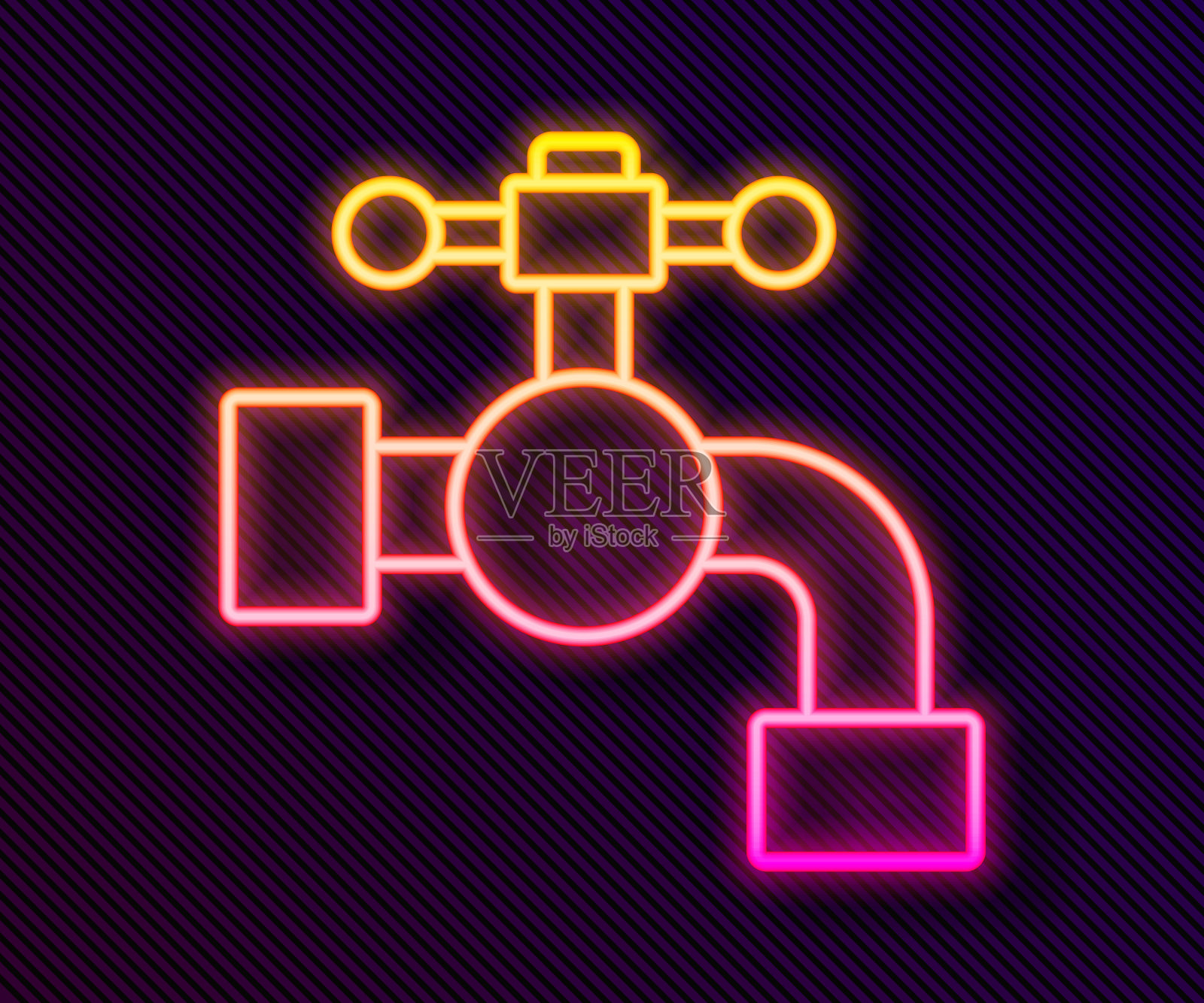 发光的霓虹灯线水龙头图标孤立在黑色背景。矢量图插画图片素材