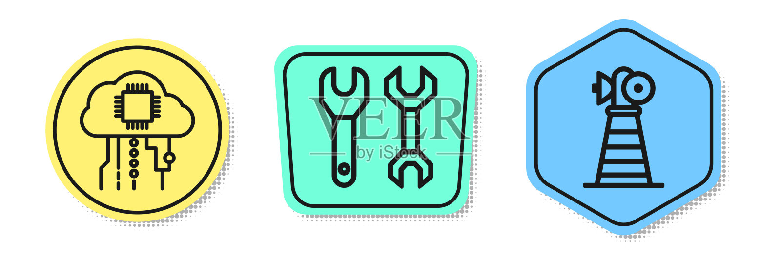 设线物联网、扳手、天线。颜色的形状。向量插画图片素材