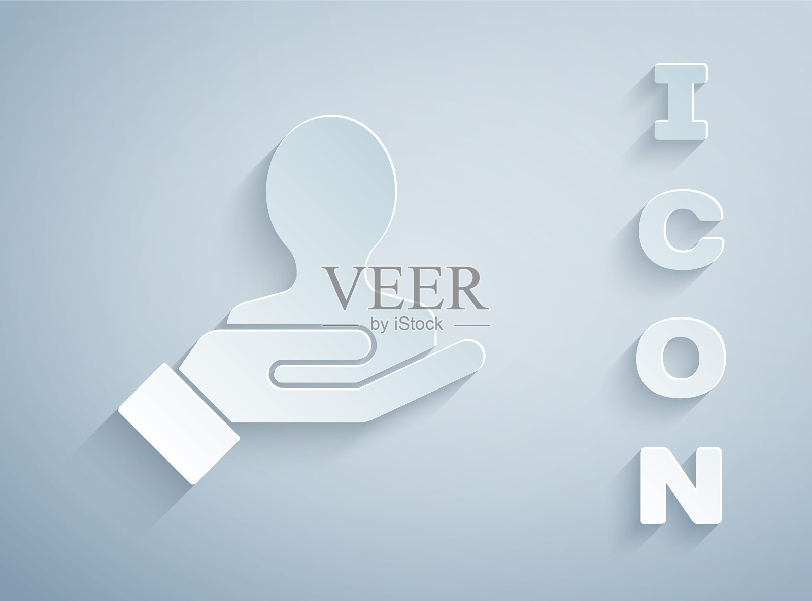 剪纸手搜索一个人的图标孤立的灰色背景。招聘或选择的概念。寻找员工和工作。纸艺术风格。矢量图插画图片素材