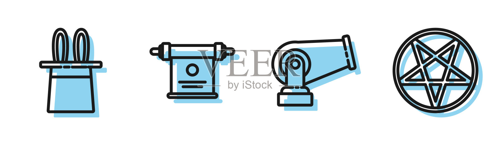 设置线大炮，魔术师的帽子和兔子耳朵，魔术卷轴和五角星在一个圆圈图标。向量插画图片素材