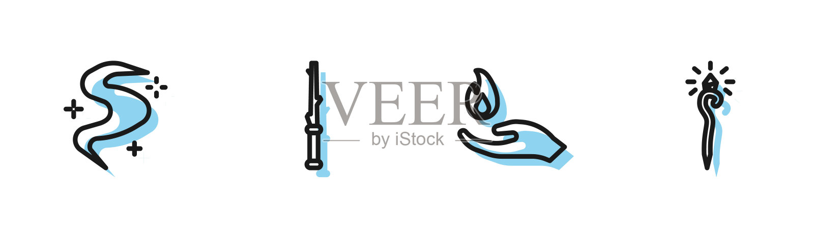 手握火，魔法雾或烟雾，魔杖和权杖图标。向量插画图片素材