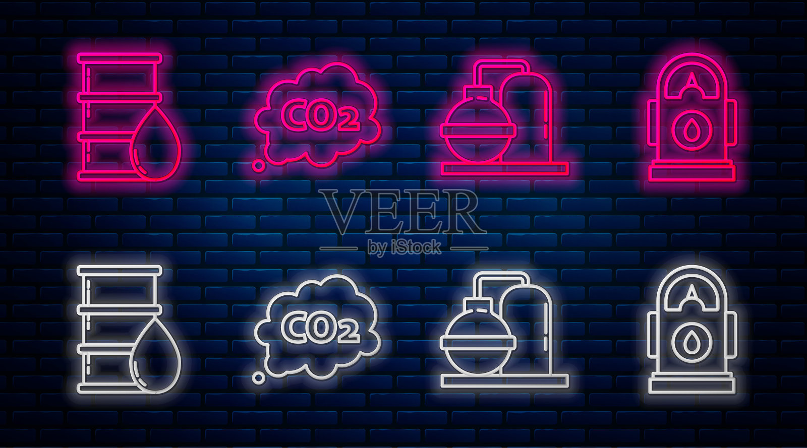 在云、石油和天然气工业厂房、桶油和汽油或加油站设置二氧化碳排放线。砖墙上发光的霓虹灯图标。向量图标素材