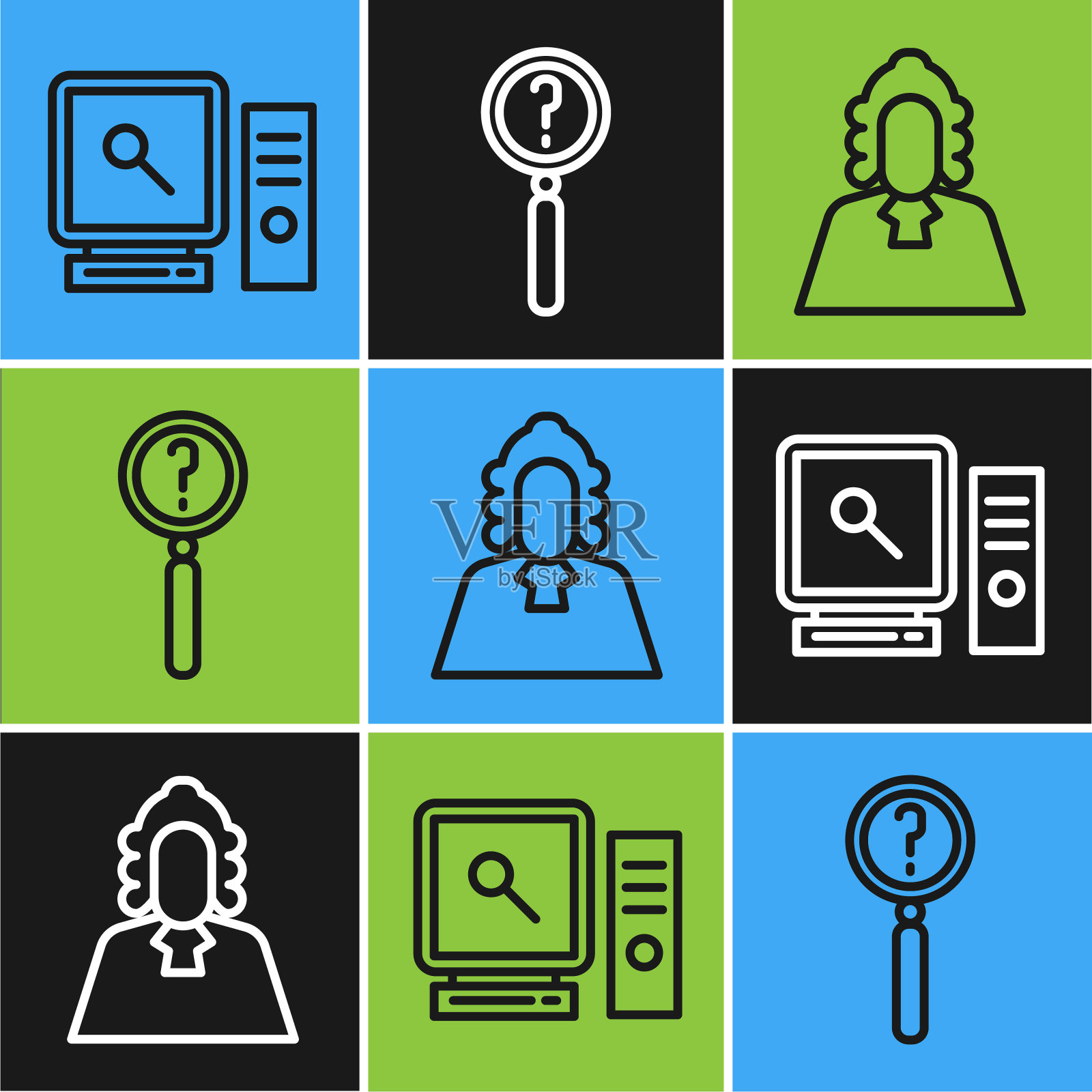 电脑屏幕搜索、法官和放大镜搜索图标矢量图插画图片素材