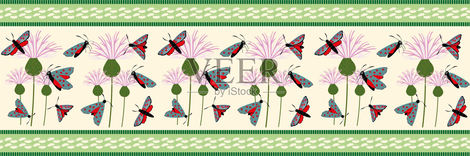 六斑棕蝶无缝边框插画图片素材