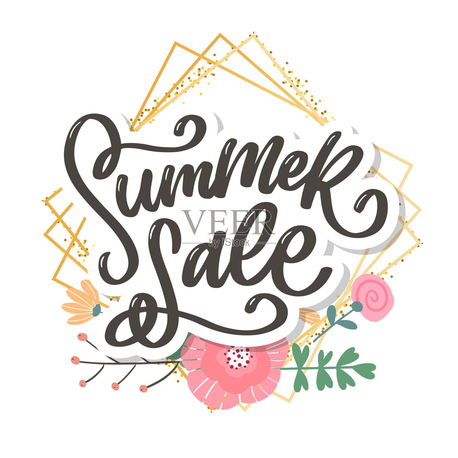 时髦的花载体模板。夏季鲜花和夏季销售字母插图。设计元素图片