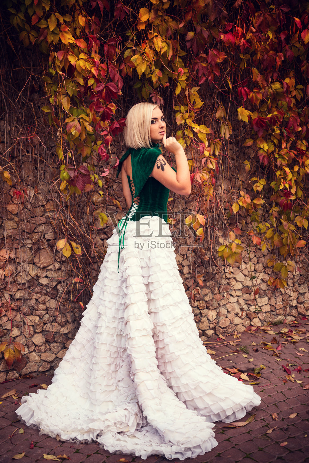 一个像公主一样穿着古装的女人在童话公园里。照片摄影图片