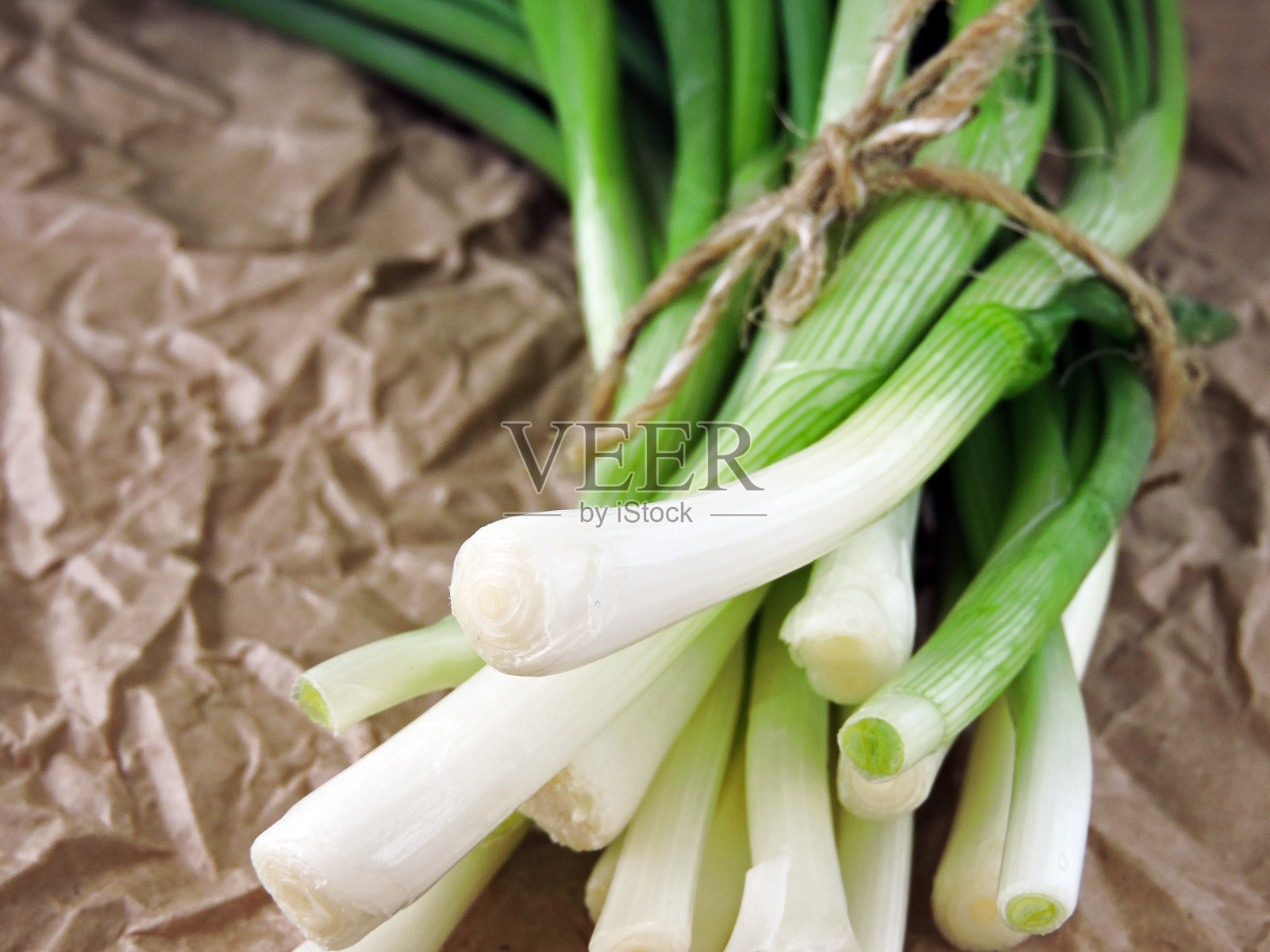 一堆葱放在皱巴巴的纸上，用粗麻绳捆起来。照片摄影图片