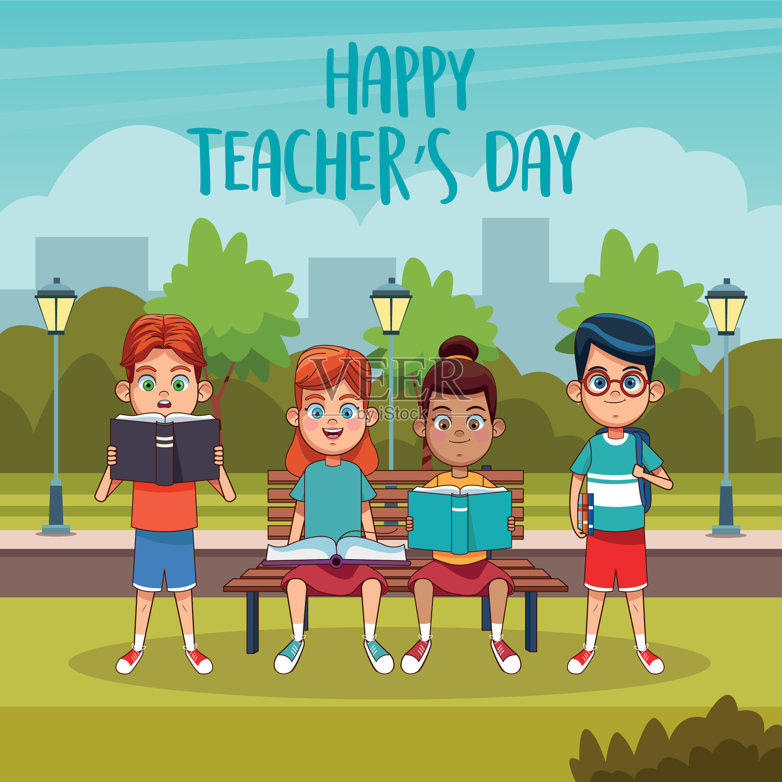 教师节快乐，带着同学们在操场上插画图片素材