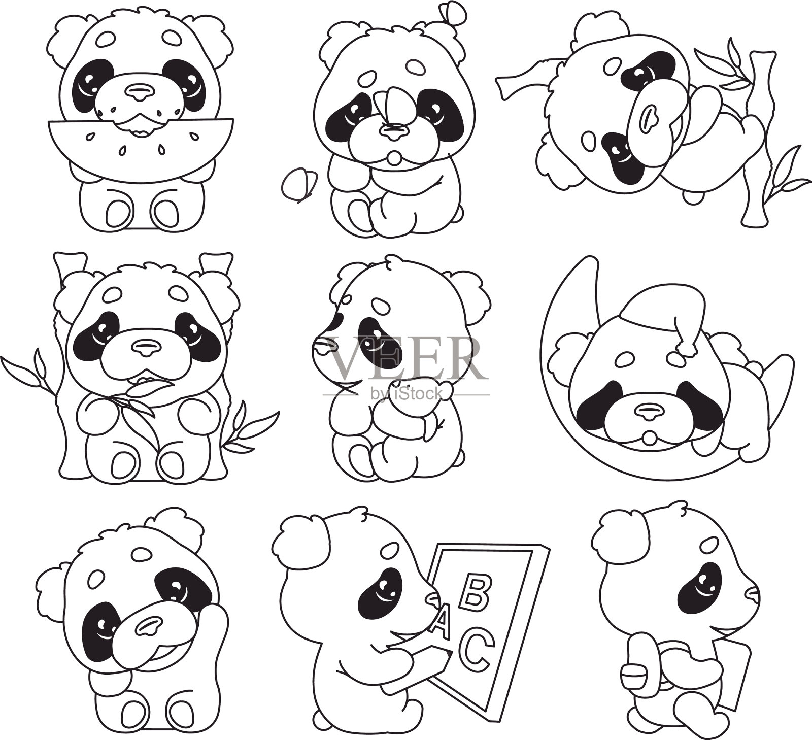 可爱的熊猫卡哇伊线性人物包装可爱插画图片素材