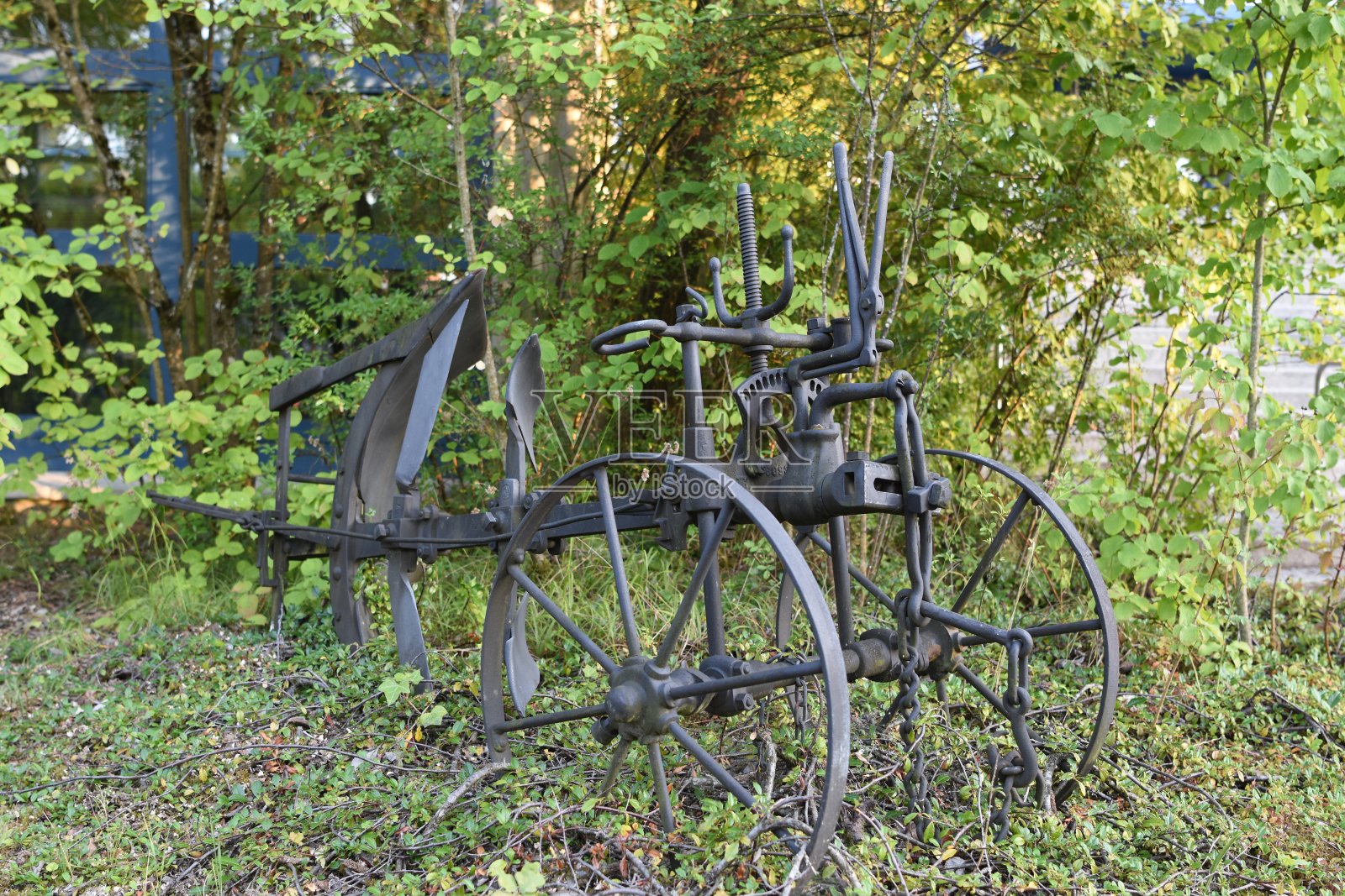 瑞士一所中学前的草地上露出了破旧的黑色铁犁照片摄影图片
