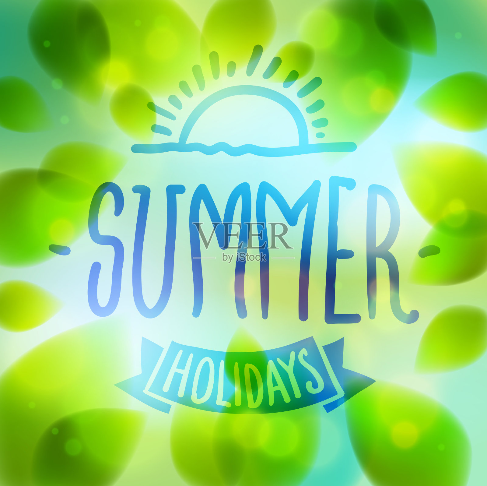 画在窗上的夏字，清新的绿叶模糊的背景，矢量写实的插画，夏日自然的美丽艺术。插画图片素材