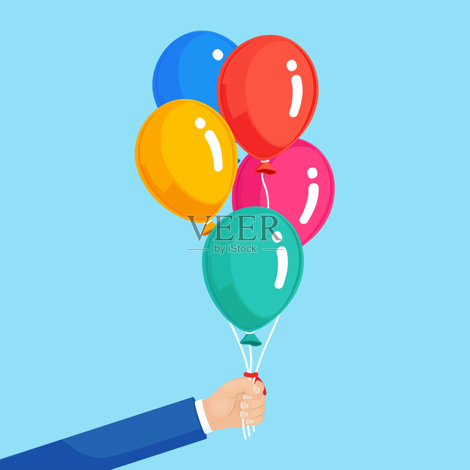 一堆氦气球在手里，飞行的空气球孤立在白色的背景。生日快乐，节日概念。聚会装饰。矢量动画设计设计元素图片