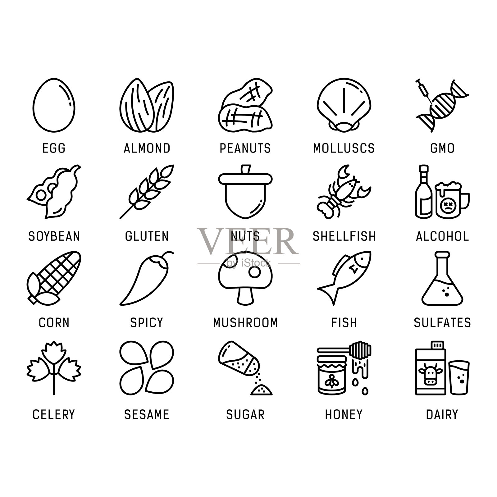 酒精、过敏原、杏仁、芹菜、玉米、甲壳类、乳制品、鸡蛋、元素、鱼、食物、麸质、转基因、健康、健康、蜂蜜、图标、图标、插图、孤立、乳糖、线条、羽扇豆、羽扇豆、牛奶、极简主义、现代、软体动物、蘑菇、天然、坚果、坚果图标素材
