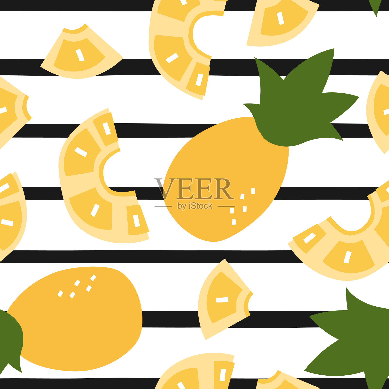 新鲜，黄色饱满的菠萝矢量无缝图案。插画图片素材