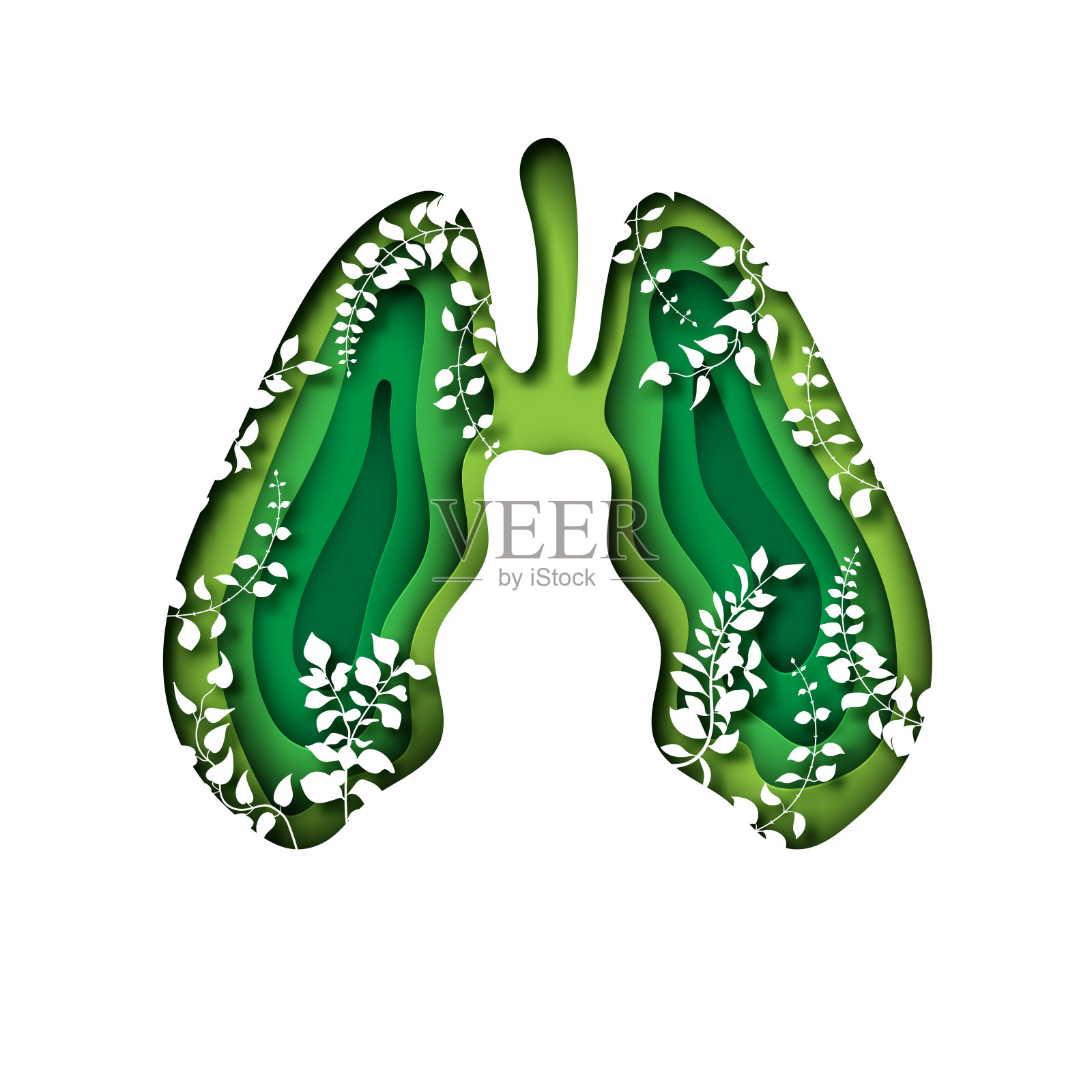 肺与树叶作为肺健康的象征。世界结核病日、世界肺病日、环境生态保护理念。向量纸艺术插画图片素材