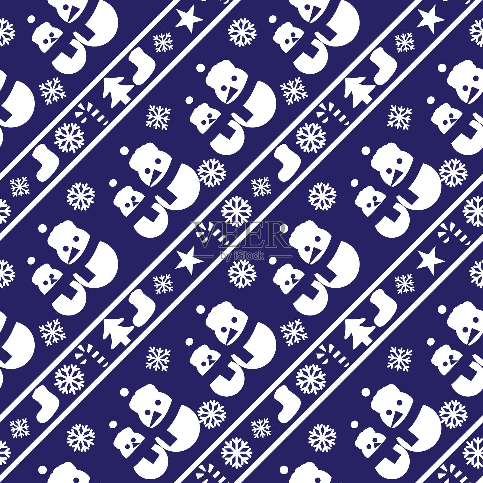 蓝色圣诞雪人无缝图案背景插画图片素材