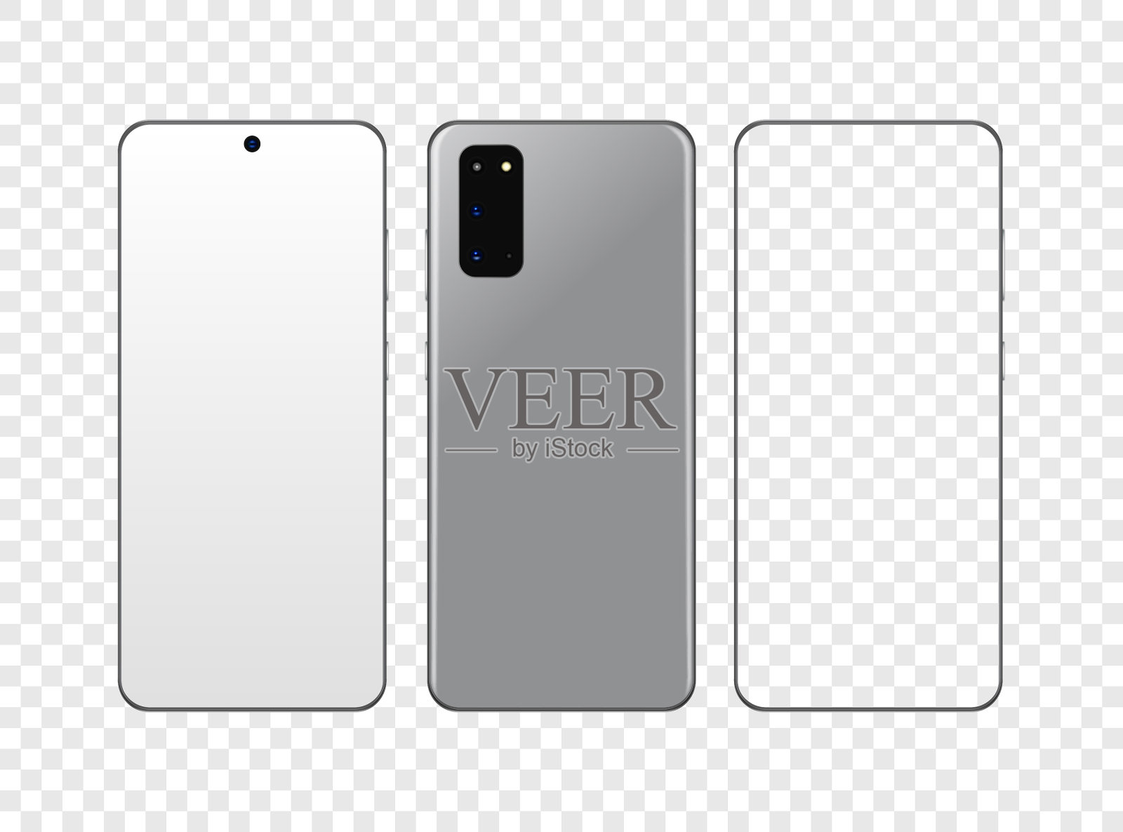 现实手机屏幕智能手机。模拟的现代四摄像头智能手机。股票矢量插图上透明孤立的背景。插画图片素材