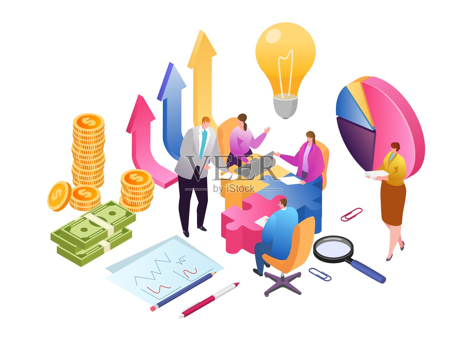 商业创意团队和发展数据分析等角矢量插图。财务报告和战略。插画图片素材