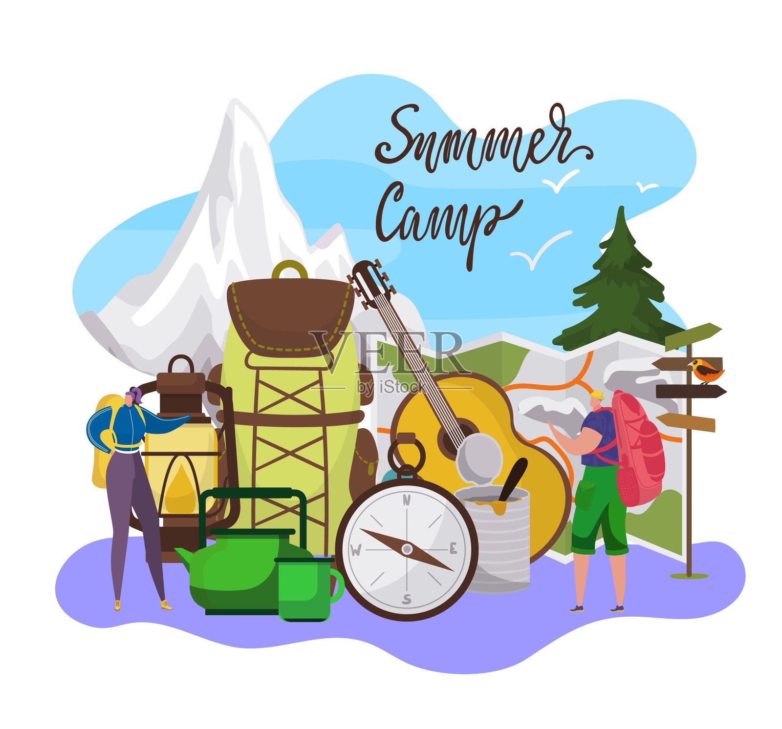 夏令营游客和旅游度假在森林的自然，露营探险和徒步旅行设备平面矢量插图。插画图片素材