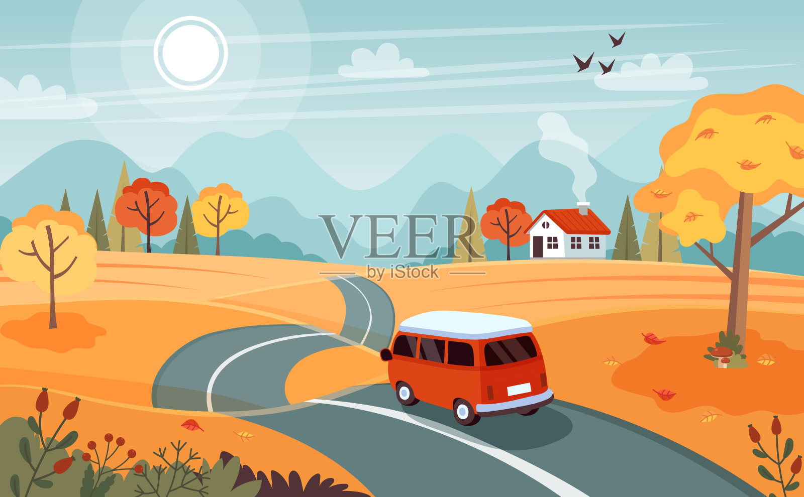 秋天的旅行。风景和可爱的货车在路上。矢量插图在平面风格插画图片素材