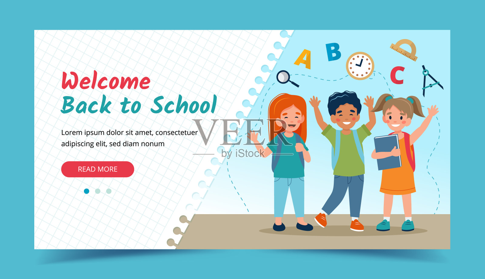 快乐的孩子们，回到学校的概念。横幅或着陆页模板。矢量插图在平面风格插画图片素材